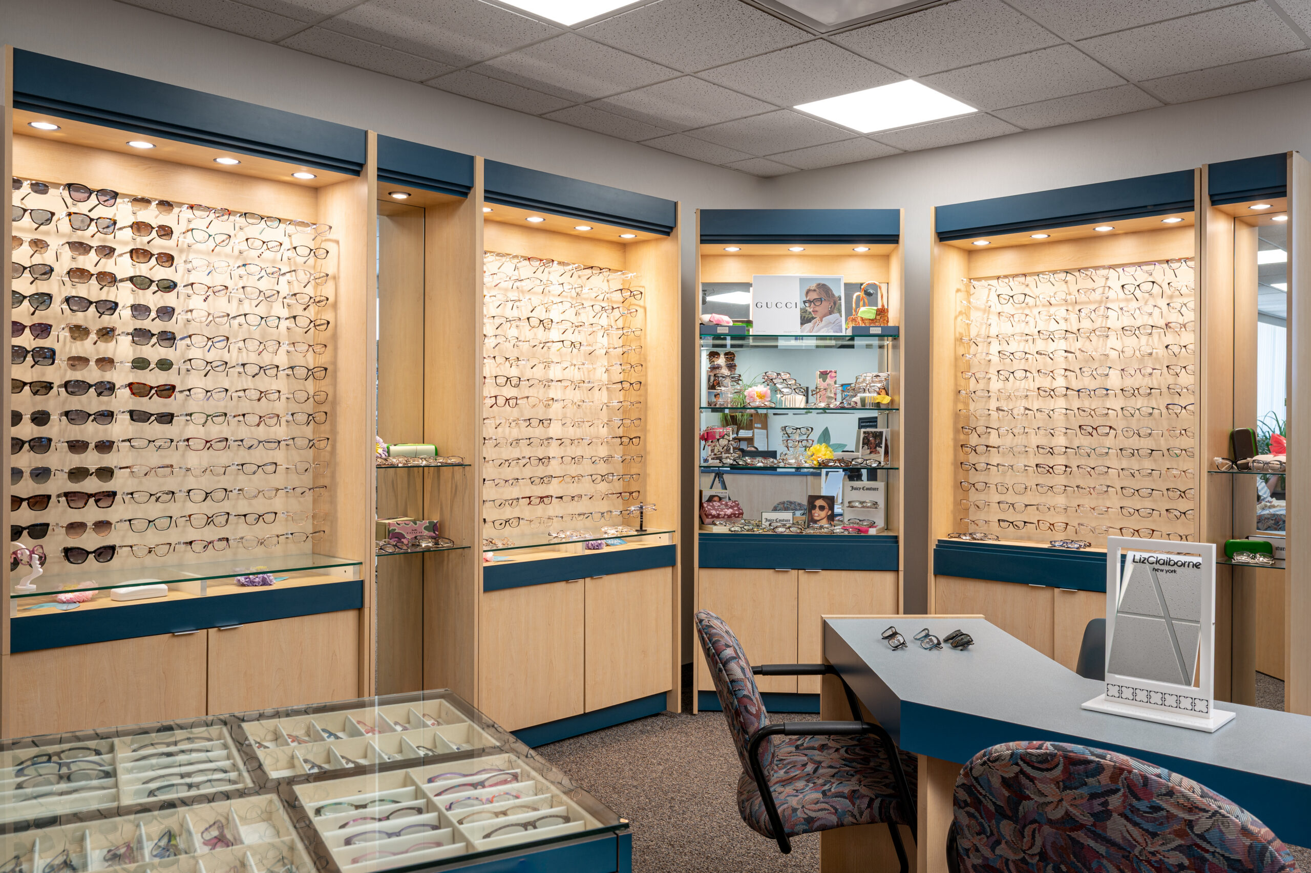 Eyeglass frame displays inside The Eye Centers optical shop